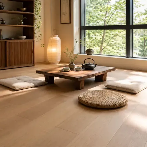 Séjour lumineux au sol en parquet de chêne clair à lames larges, avec une table basse en bois, des coussins de sol et une grande baie vitrée donnant sur des arbres.